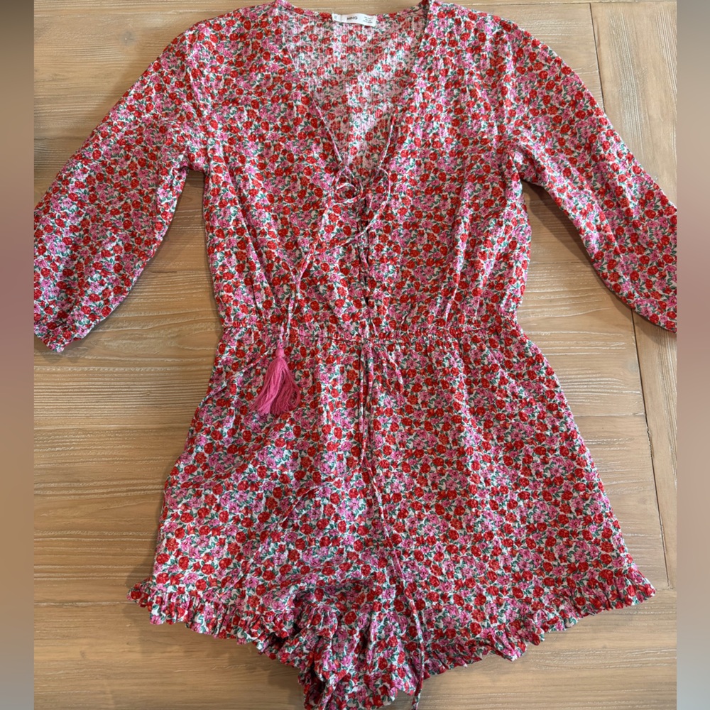 Mango Red Pink Floral Long Sleeve Romper Size Small